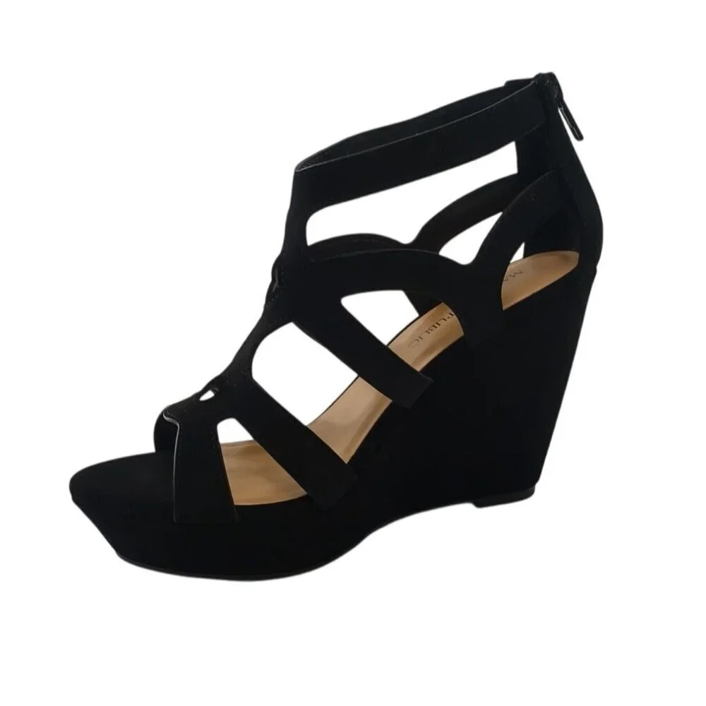 Black Strappy Open-Toe Wedge Sandals With Back Zipper Closure For Women Size 6.5